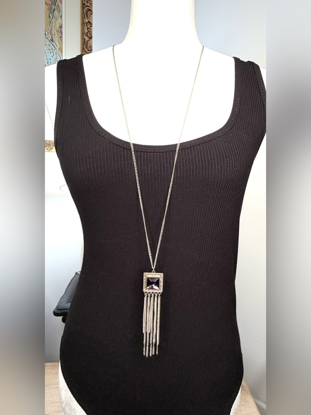 Purple Crystal Pendant Necklace Silver Tone Chain Fringe Tassel Long 22” Boho